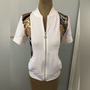 Roberto Cavalli Sport White Leopard Rhinestone Logo Zip Up Short Sleeve - New